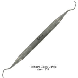 Gracey curettes, medium contra-angle for premolars and molars, facial and lingual surfaces. Double-ended, easy-grip handle.